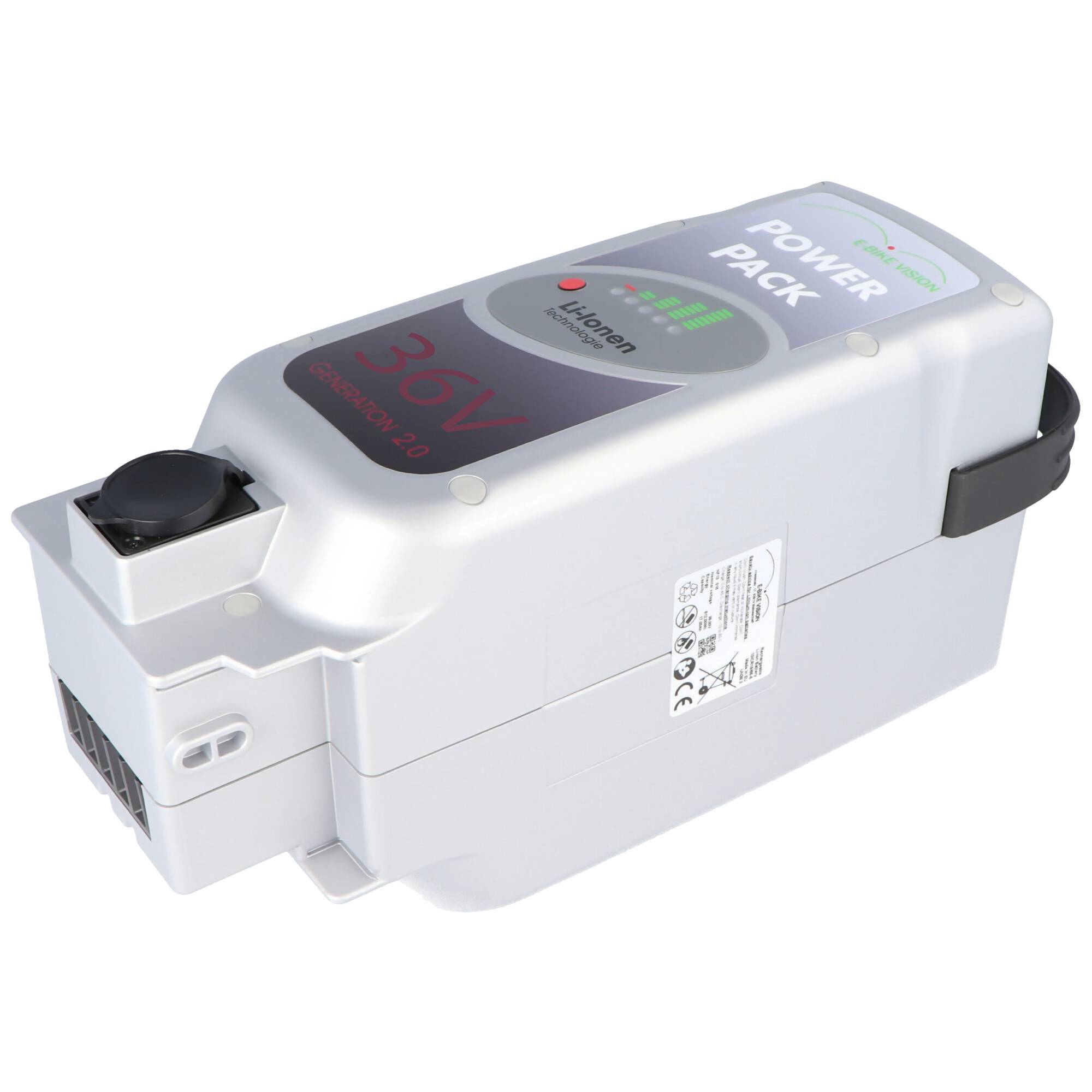 Weiße Power Pack Batteriemodul mit digitalem Display und Anschlussverbinder, gezeigt in einer produktstylisierten Ansicht.