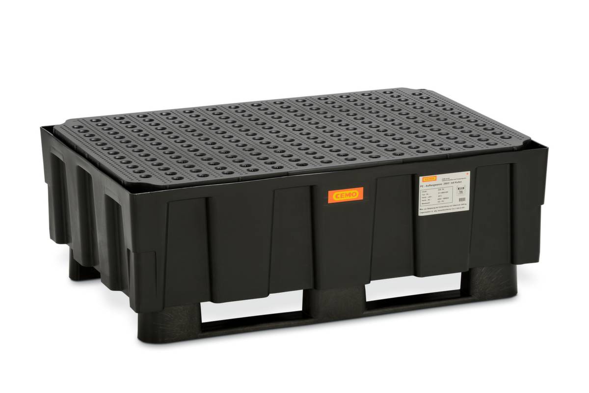 PE-Auffangwanne,f. 2x200l Fass,Auffangvol. 250l,HxBxT 440x1205x805mm,m. Lochplatte PE,2 Kufen