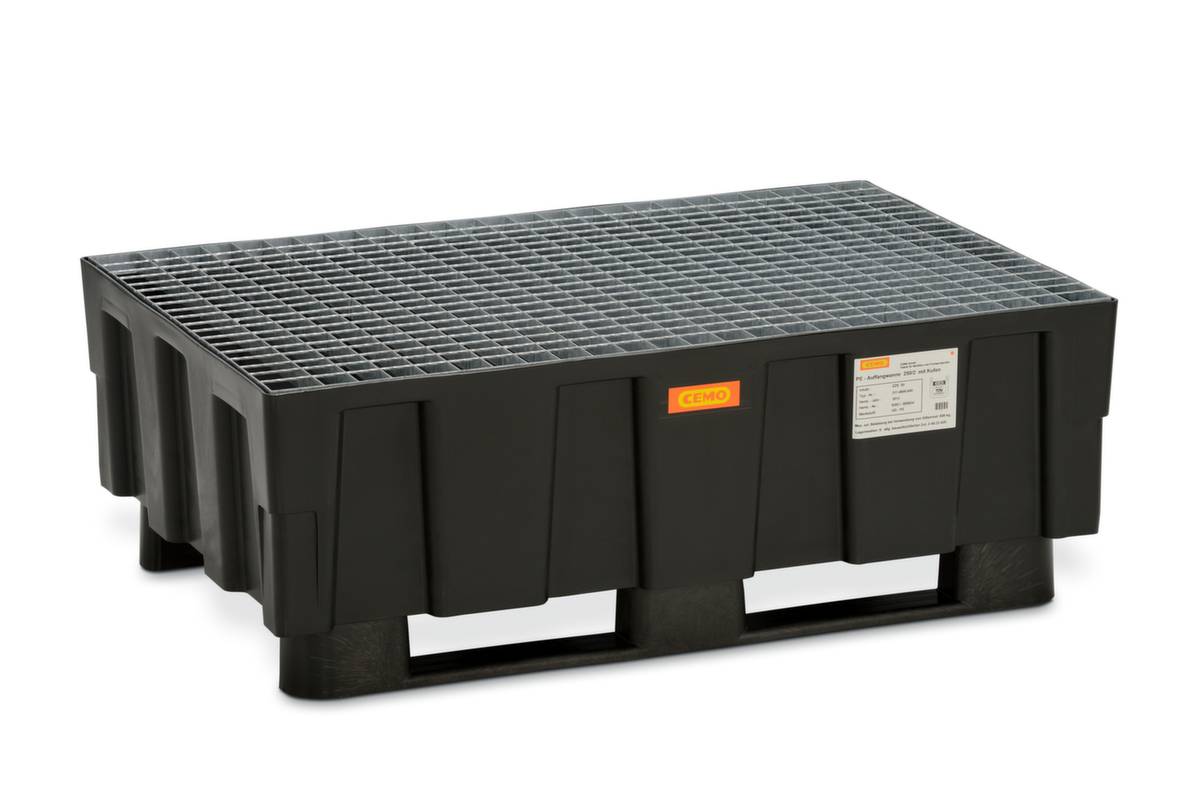 PE-Auffangwanne,f. 2x200l Fass,Auffangvol. 224l,HxBxT 430x1205x805mm,m. Gitterrost verzinkt,2 Kufen