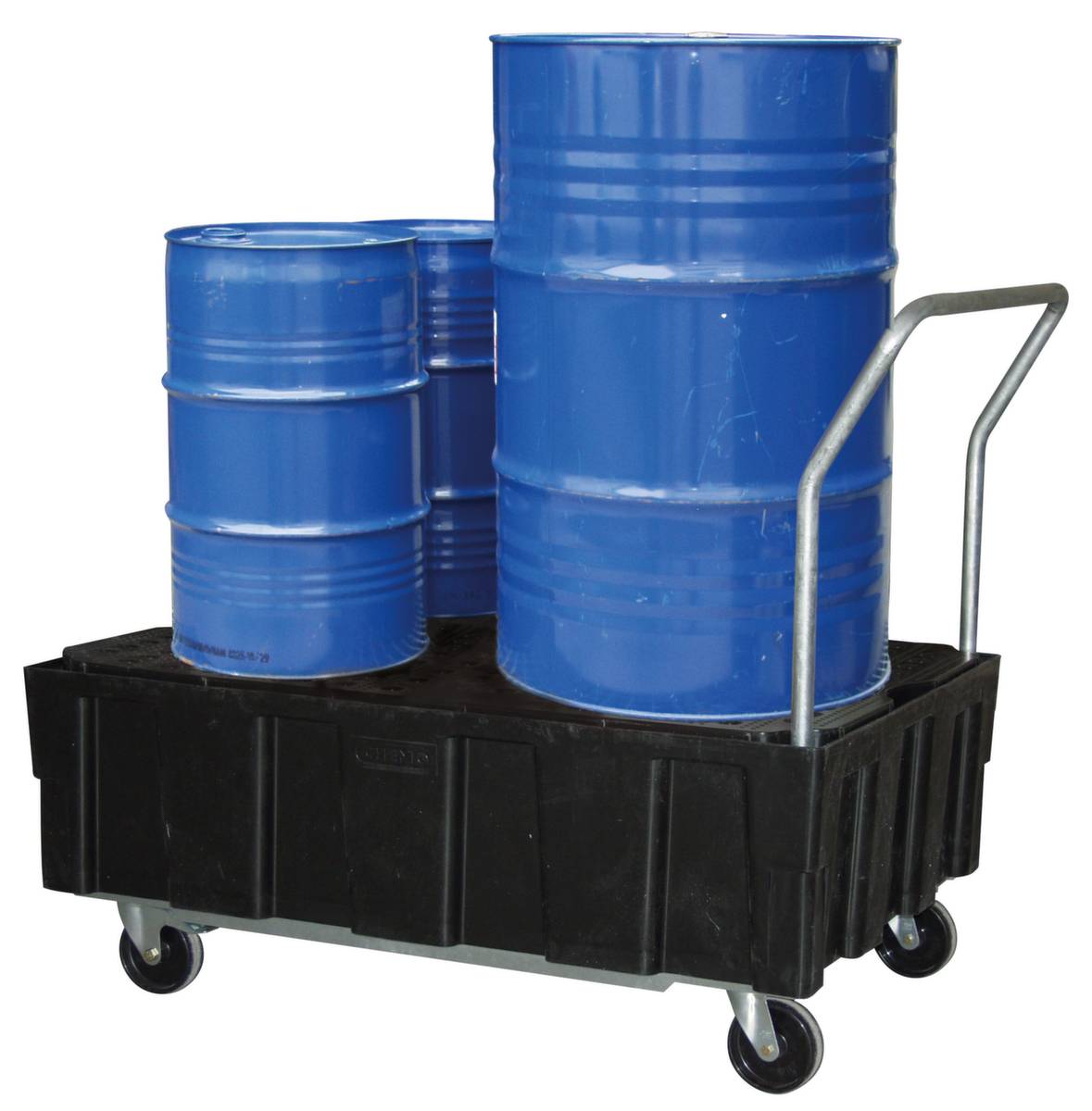 Fahrbare PE-Auffangwanne,f. 2x200l Fass,Auffangvol. 250l,HxBxT 1040x1290x805mm,m. Lochplatte PE