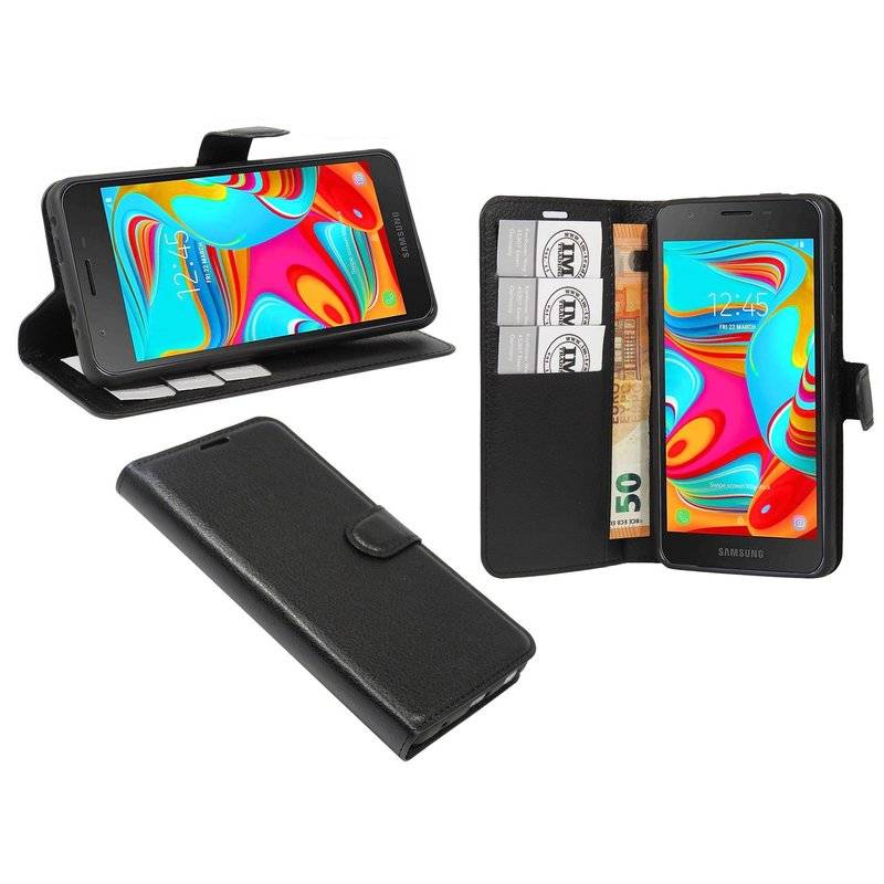 Buch Tasche Fancy für SAMSUNG GALAXY A2 CORE A260G Handy Hülle Etui Brieftasche Schutzhülle mit Standfunktion, Kartenfach Schwarz