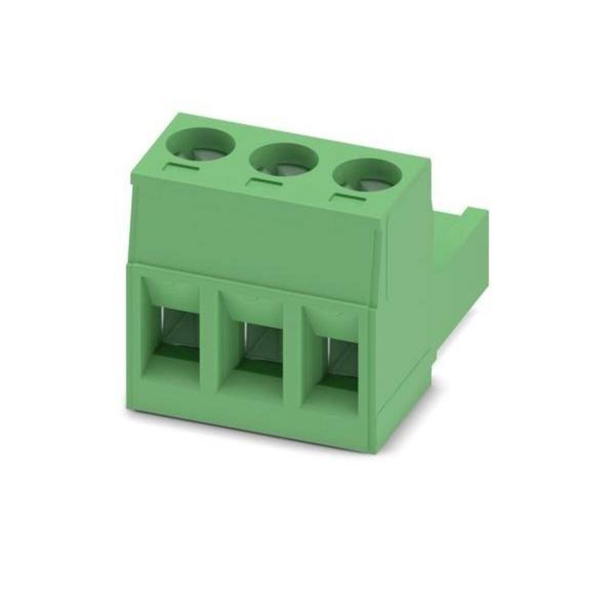 Grüner 3-Positionen-Schraubklemmenblockstecker mit drei oberen Drahtöffnungen und drei vorderen Anschlussschlitzen.