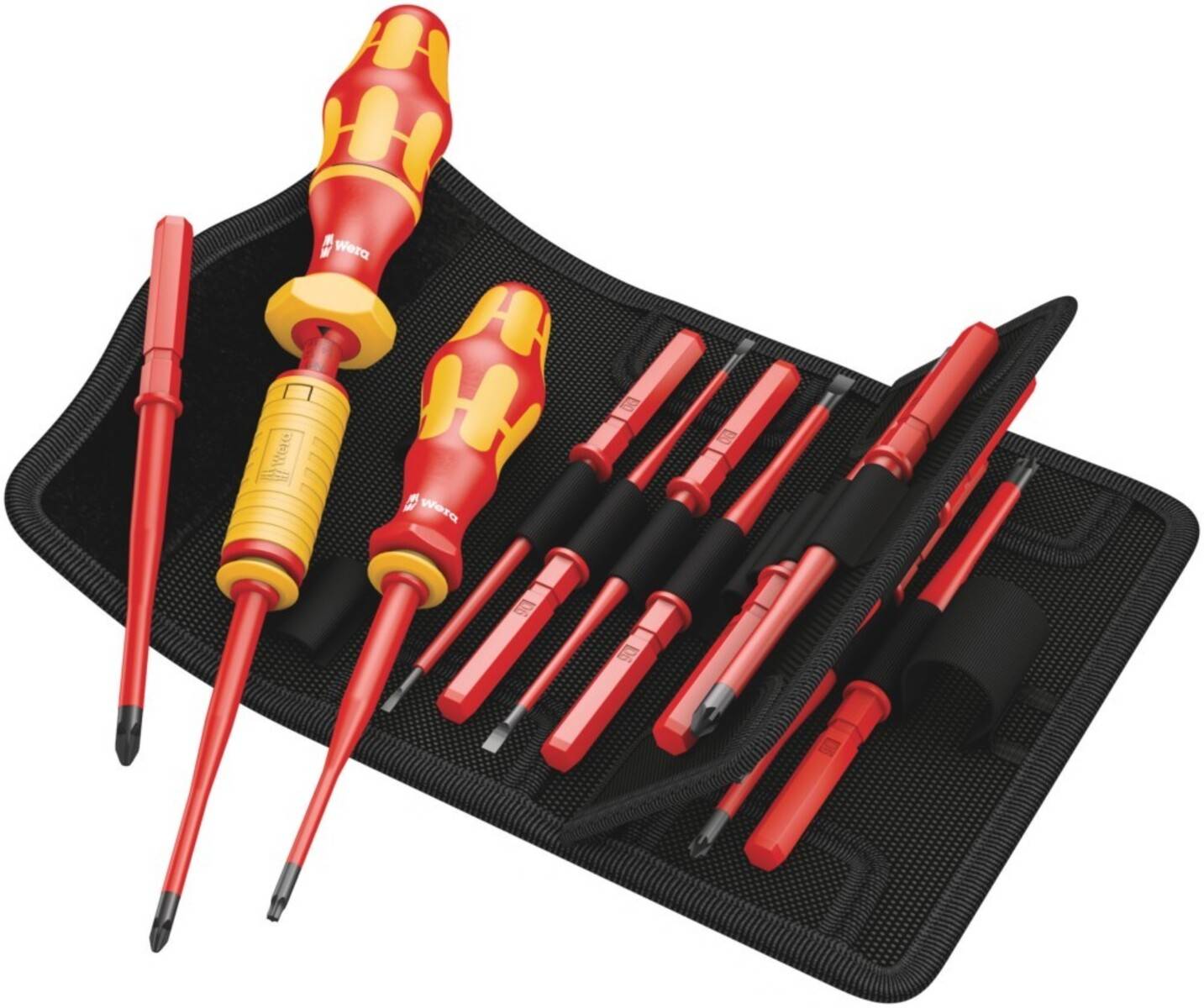 Ein Satz isolierter roter und gelber Schraubendreher und Präzisionswerkzeuge in einem schwarzen Koffer, entwickelt für elektrische Arbeiten mit Sicherheitsmerkmalen.