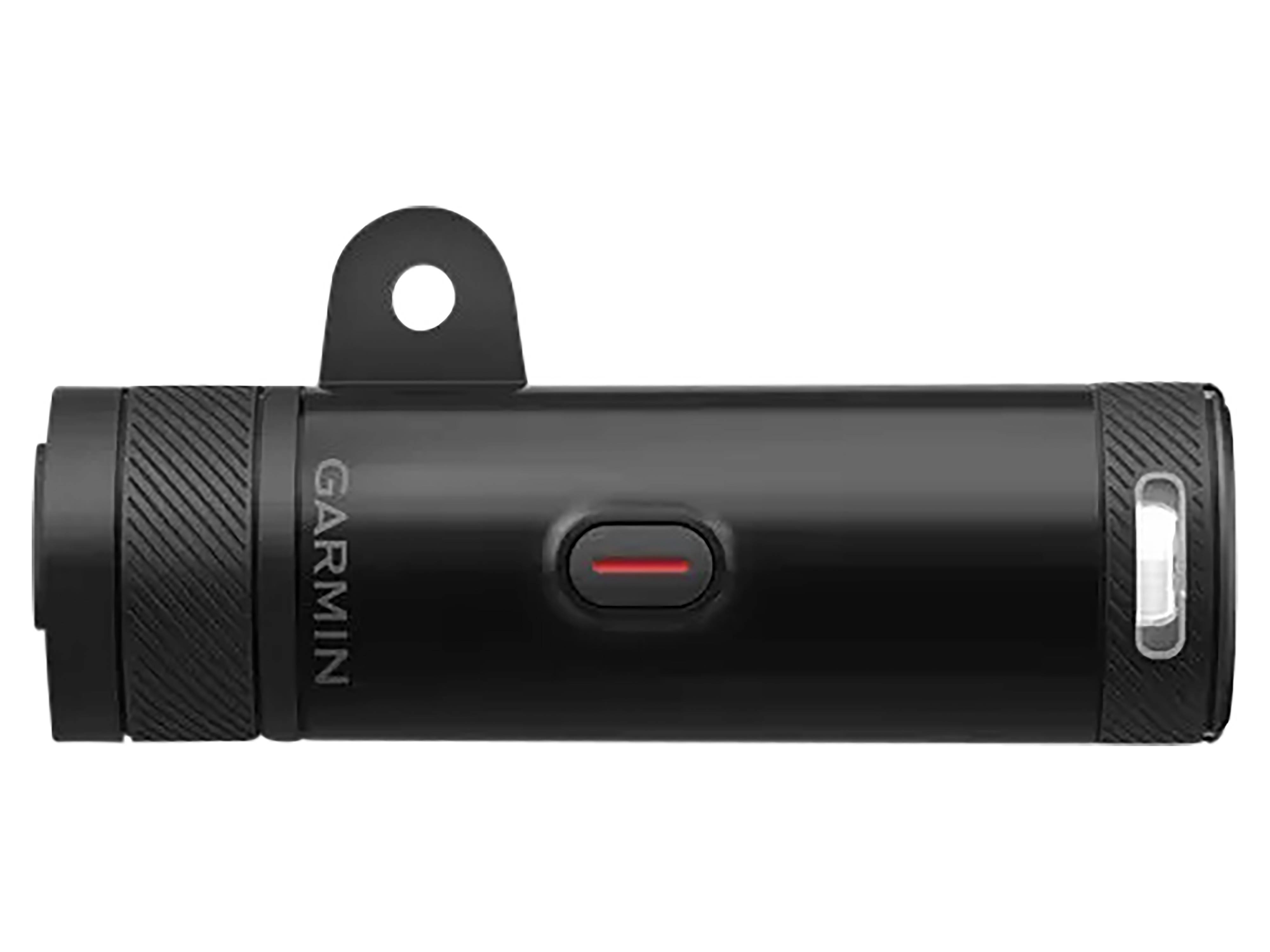 Schwarzes zylindrisches Garmin-Gerät mit Montagelaschen, Seitentaste und kleine vordere Linse oder Licht.