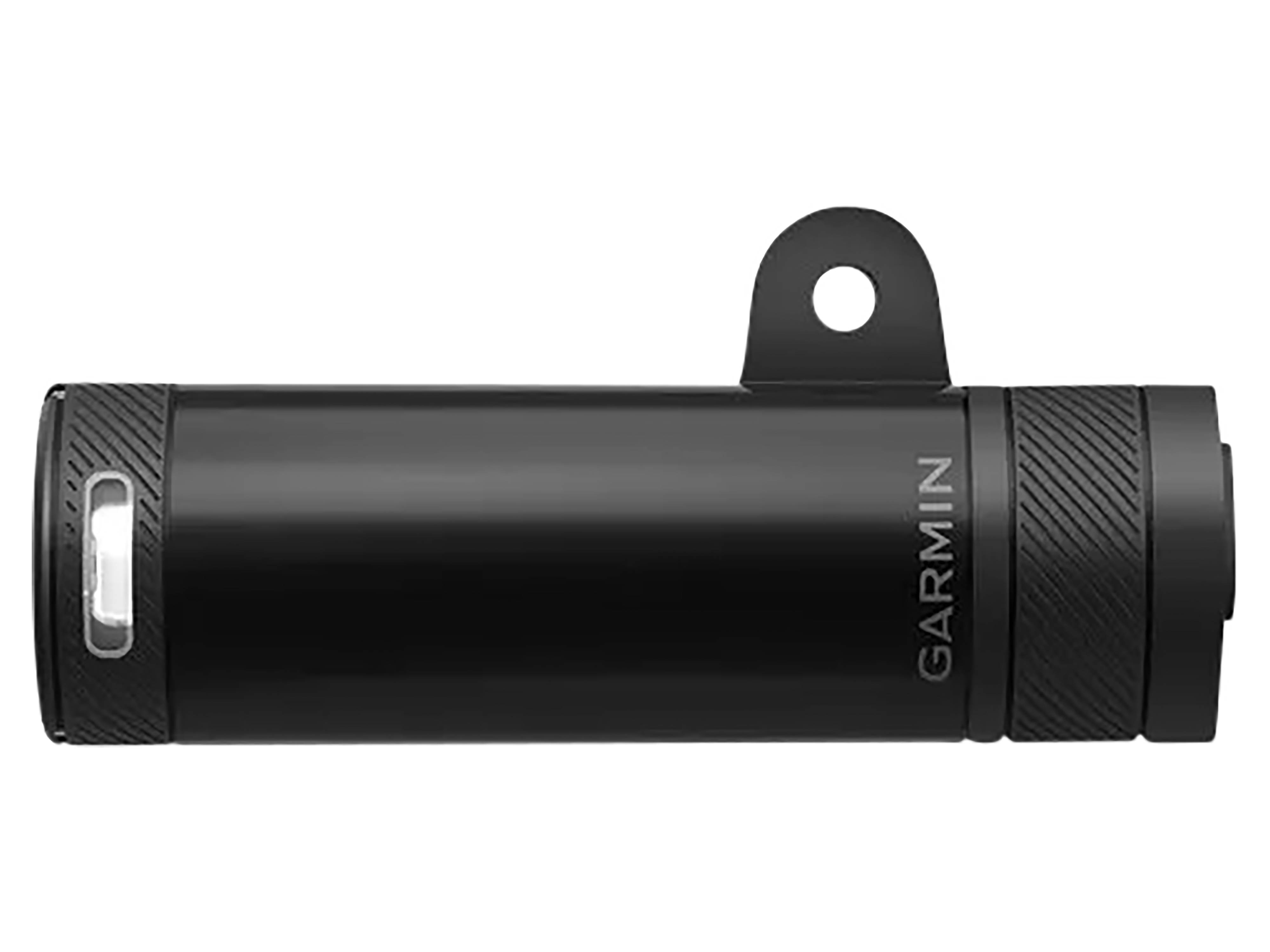Schwarzes zylindrisches Garmin-Fahrradlicht oder Zubehör mit Befestigungslasche, auf weißem Hintergrund dargestellt.