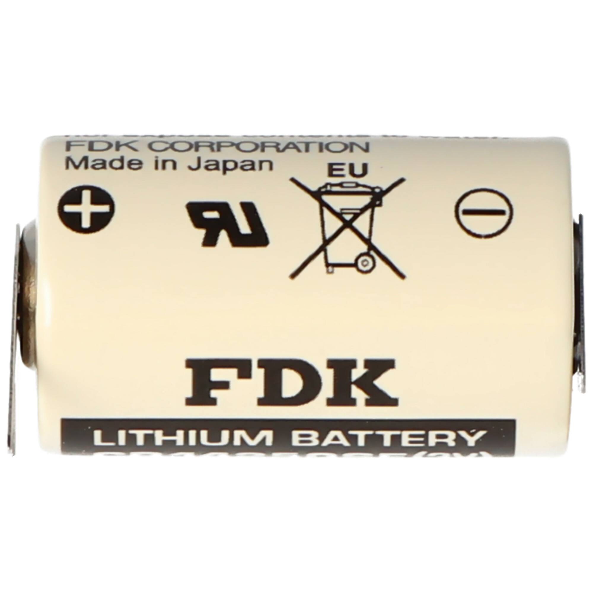 FDK-Lithium-Batteriezelle mit Polaritätsmarkierungen und „Made in Japan