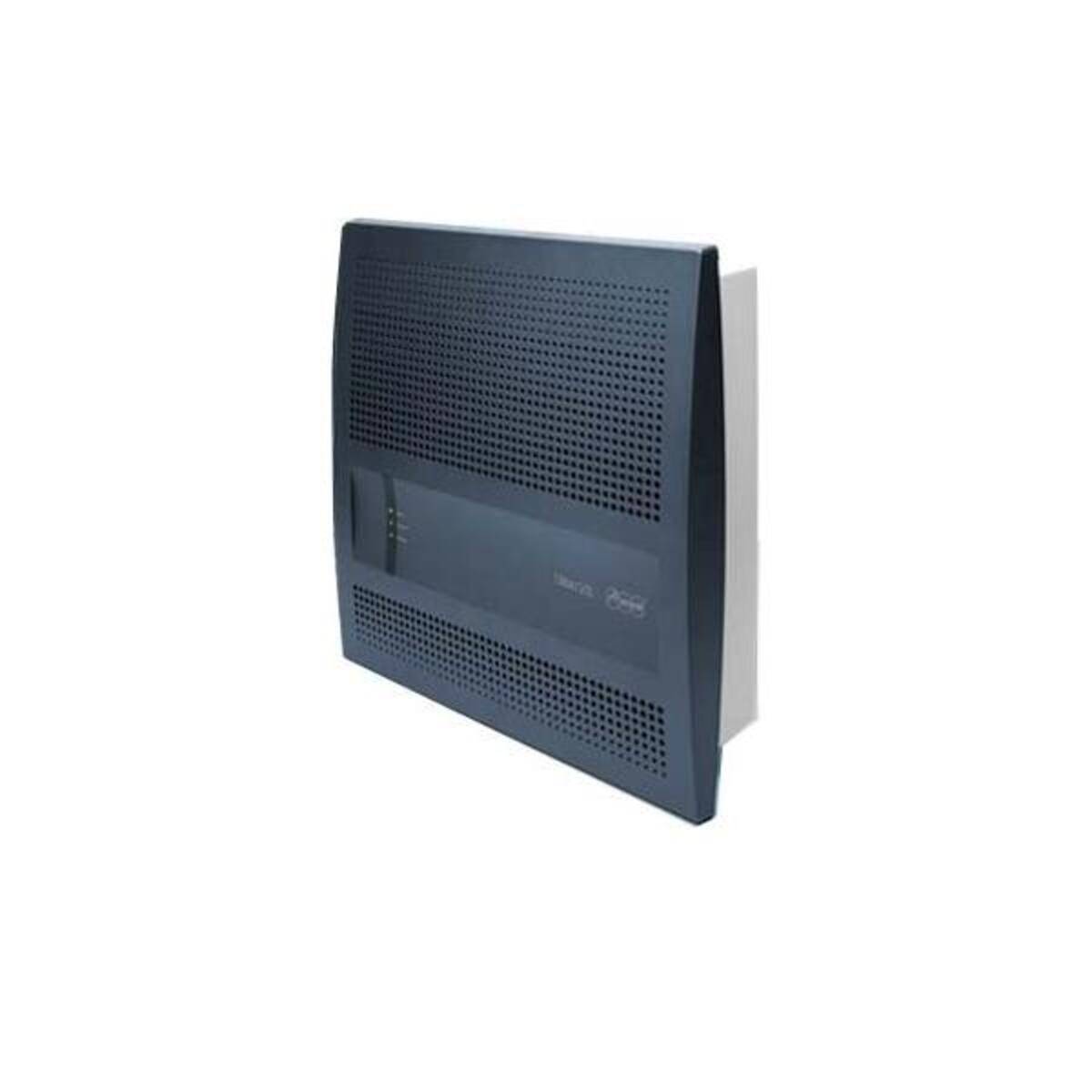 Dunkelblauer, wandmontierter Router/Modem mit perforiertem Frontpanel und kleinen Statusleuchten auf weißem Hintergrund.