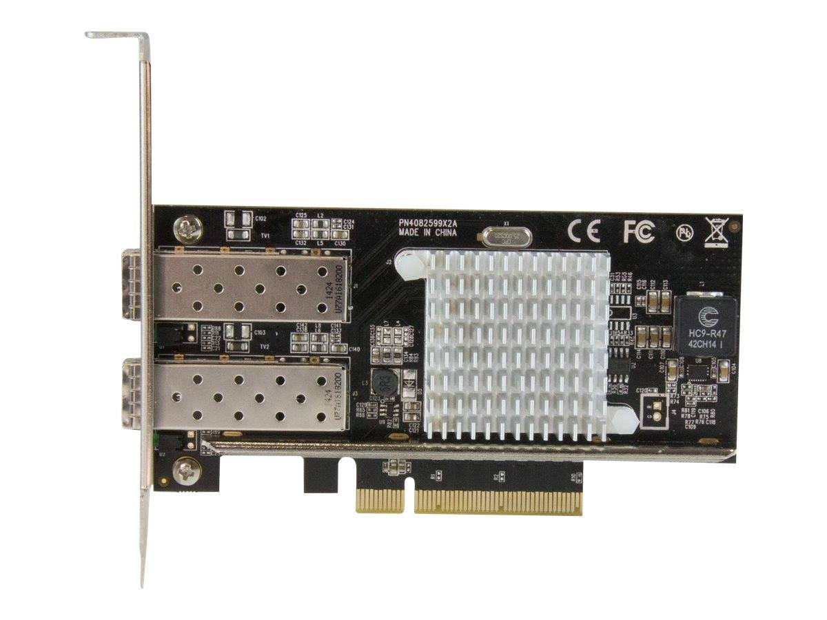 Dual-Port-Netzwerkadapterkarte mit Metallhalterung, zwei übereinander angeordneten Ethernet-Anschlüssen und einem großen Kühlkörper auf der Leiterplatte.
