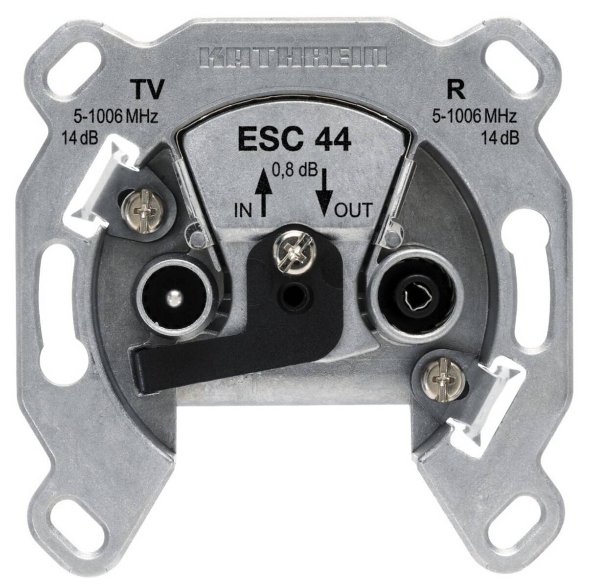 Eine Metallwandplatte mit drei Kabelanschlüssen, beschriftet mit 'TV', 'R' und 'IN OUT'. Enthält technische Spezifikationen: 5-1006 MHz und 14 dB.