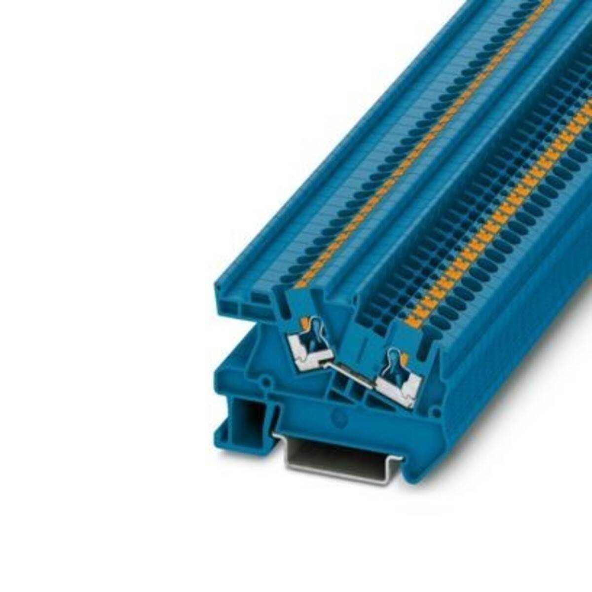 Blauer Elektroklemmenblock mit mehreren Schraubklemmen und einer Metallmontageklammer, in Nahaufnahme auf weißem Hintergrund dargestellt.