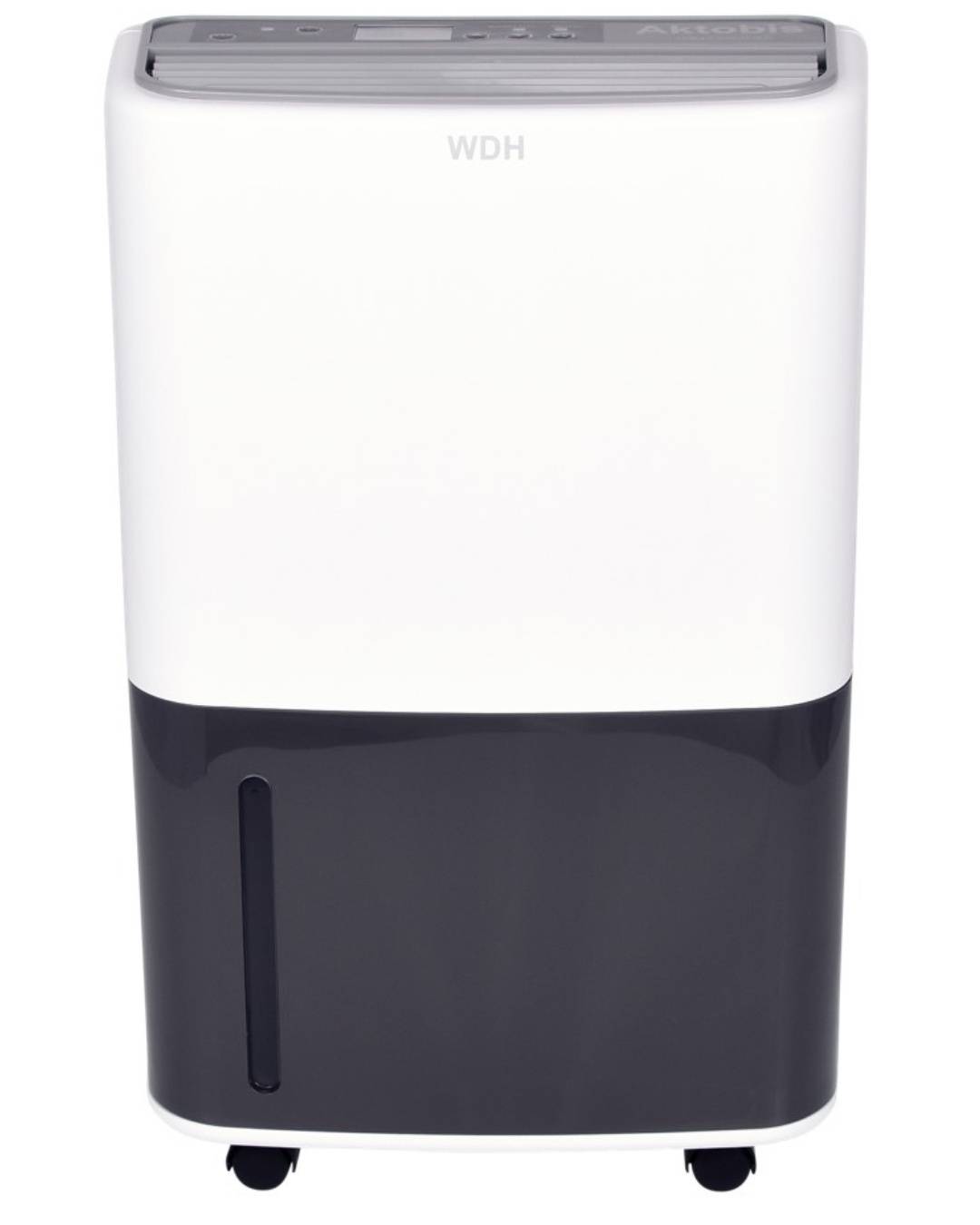 Ein weiß-schwarzer Entfeuchter mit sichtbarem Wassertank, mit der Beschriftung „WDH