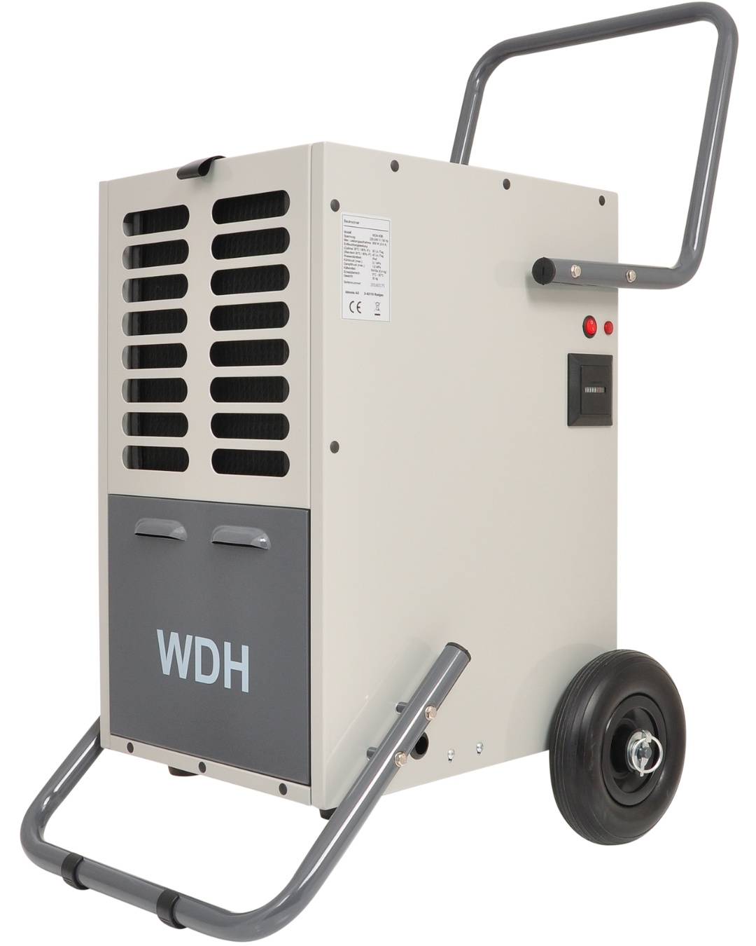 Ein tragbarer, rechteckiger Luftentfeuchter mit dem Etikett „WDH