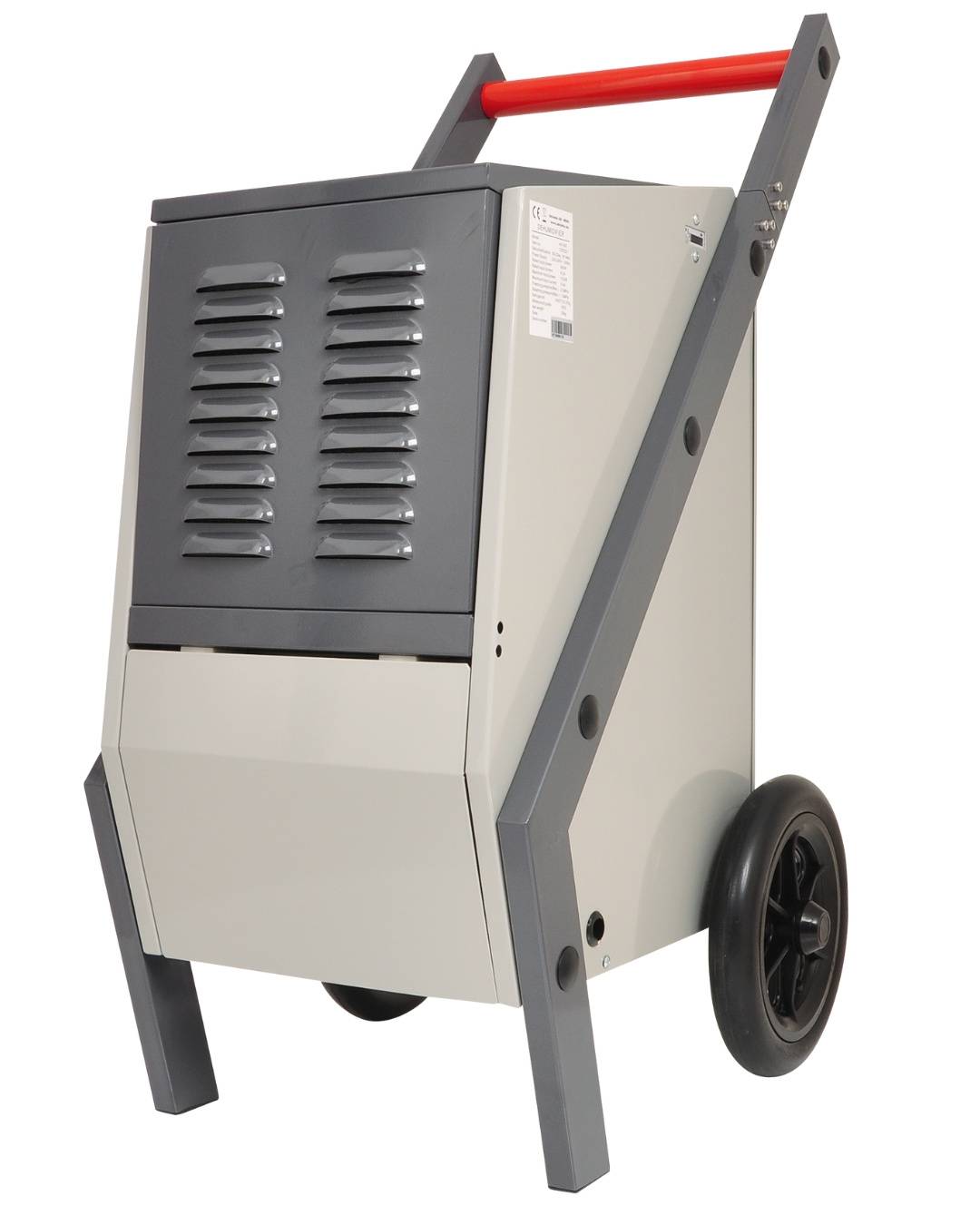 Ein tragbarer Industrieentfeuchter mit grauem Metallgehäuse, kleinen Rädern auf jeder Seite für Mobilität und einem schwarzen belüfteten Panel an der Vorderseite.