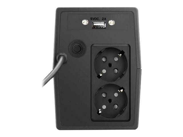 Schwarze Wandsteckdosenleiste mit zwei europäischen Steckdosen, einem USB-Anschluss mit der Beschriftung „5VDC, 2A