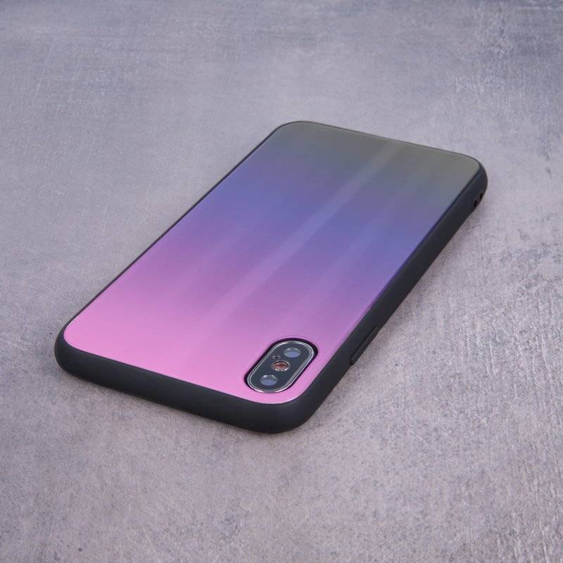 Aurora Glas Etui Silikon Hülle für iPhone SE 2020 Hart Case TPU Handy Cover Schut in Pink-Schwarz