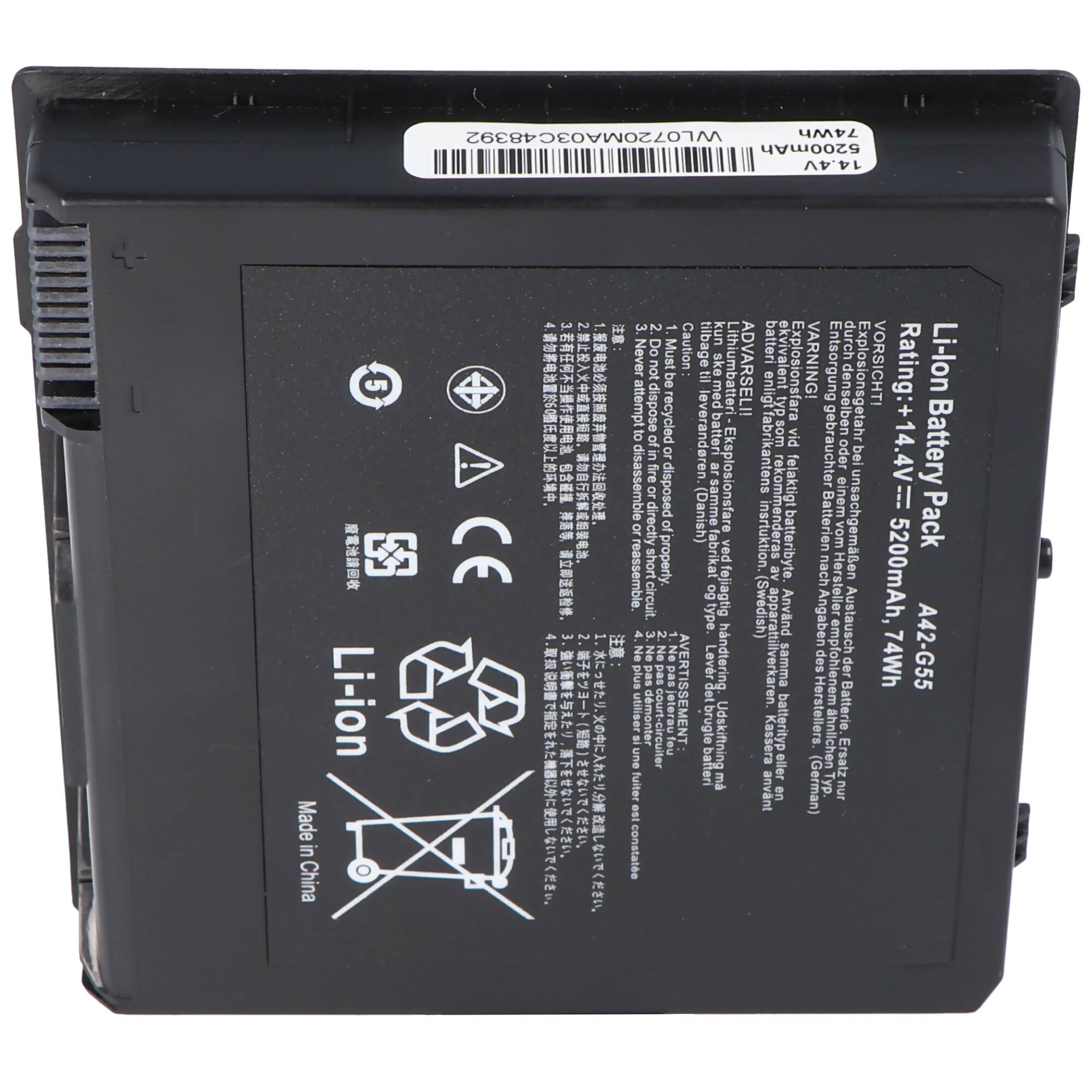Akku passend für ASUS G55 G55V, Asus 0B110-00080000 A42-G55 B056R014-0037 14,4 Volt 5200mAh 74wh 115,80mm x 122,50mm x 2