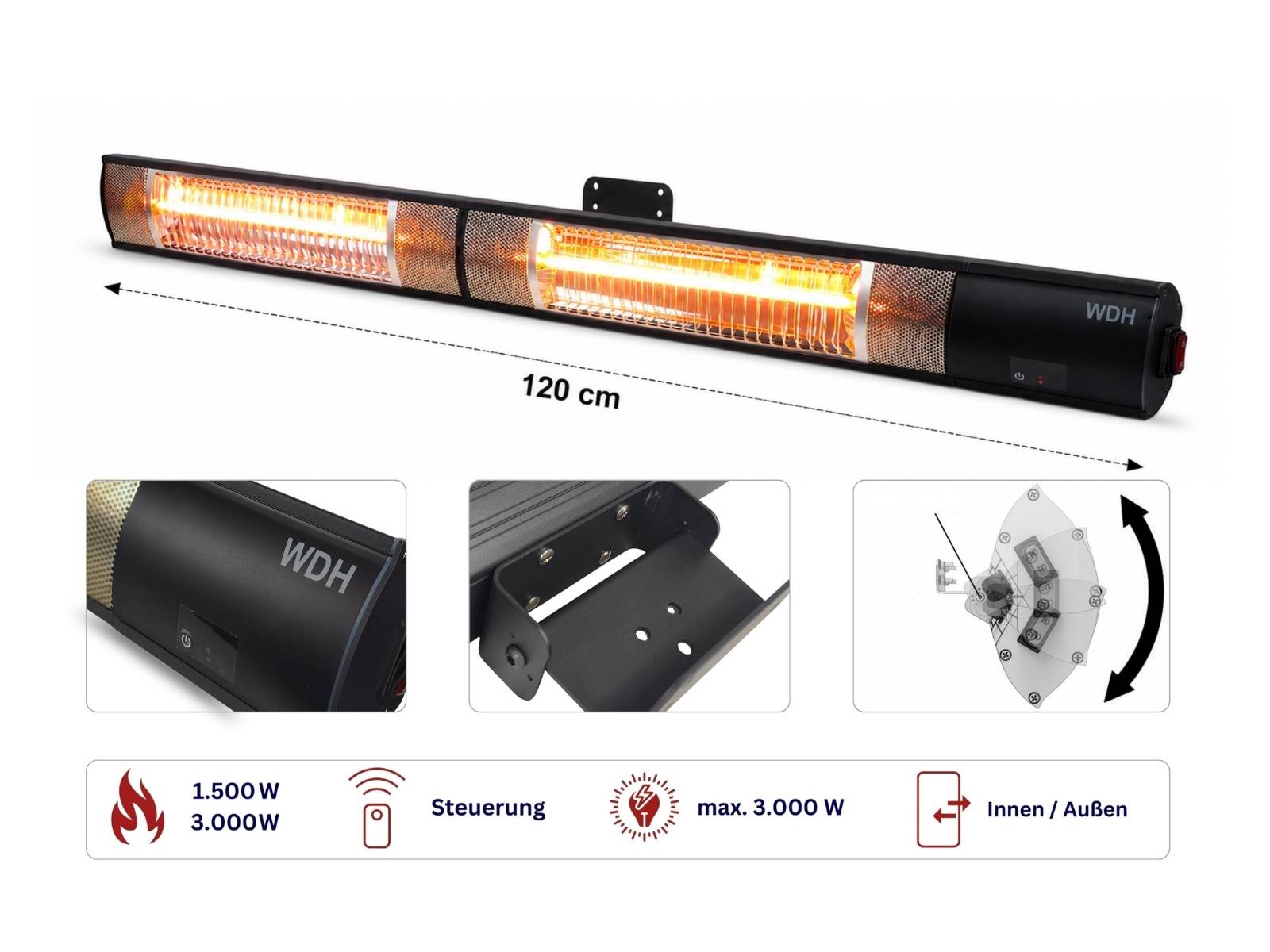 Produktbild eines 120 cm großen elektrischen Infrarotstrahlers mit leuchtenden Elementen, Wandmontageklammer, drehbarem Kopf und Symbolen für 1500W/3000W, Innen- und Außenbereich.