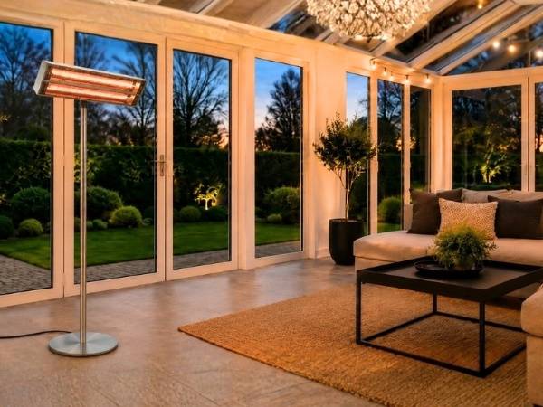 Modernes Wintergartenzimmer mit raumhohen Glastüren, warmer Innenbeleuchtung, Sofa, Couchtisch, Stehlampe und Gartenblick in der Abenddämmerung.