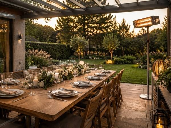 Esszimmergarnitur für die Terrasse im Freien für ein formelles Abendessen mit einem langen Tisch, Kerzenschein, gepolsterten Stühlen und einem angelegten Garten dahinter.
