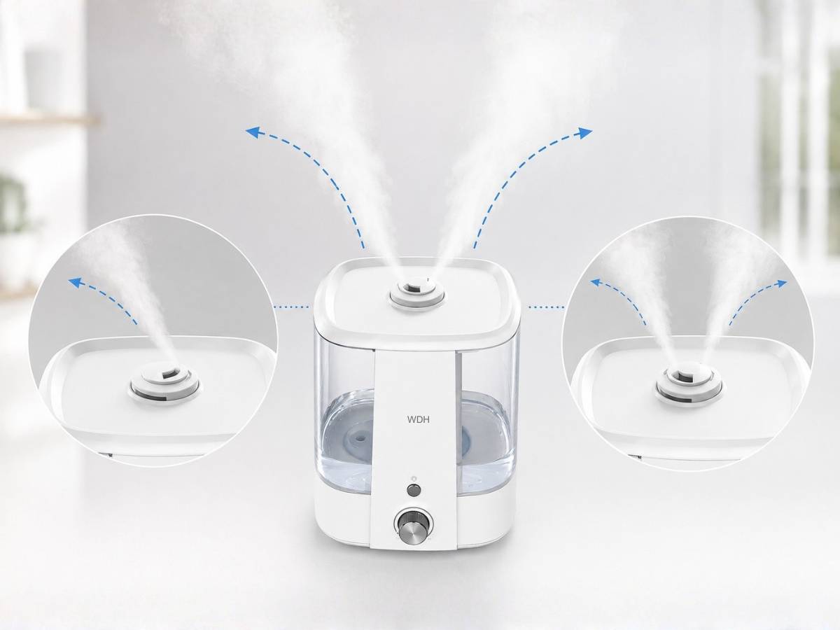 Weißer Tischluftbefeuchter mit oberer Nebelauslass und seitlichem Wassertank, dargestellt mit Pfeilen, die die verstellbare Nebelrichtung in einer Raumeinstellung zeigen