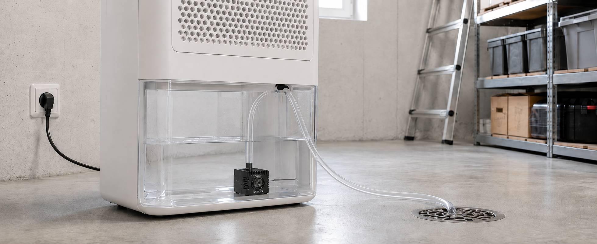 Tragbarer Luftentfeuchter mit Wassertank und Ablaufschlauch, der in einen Bodenablauf in einem Hauswirtschaftsraum entwässert.