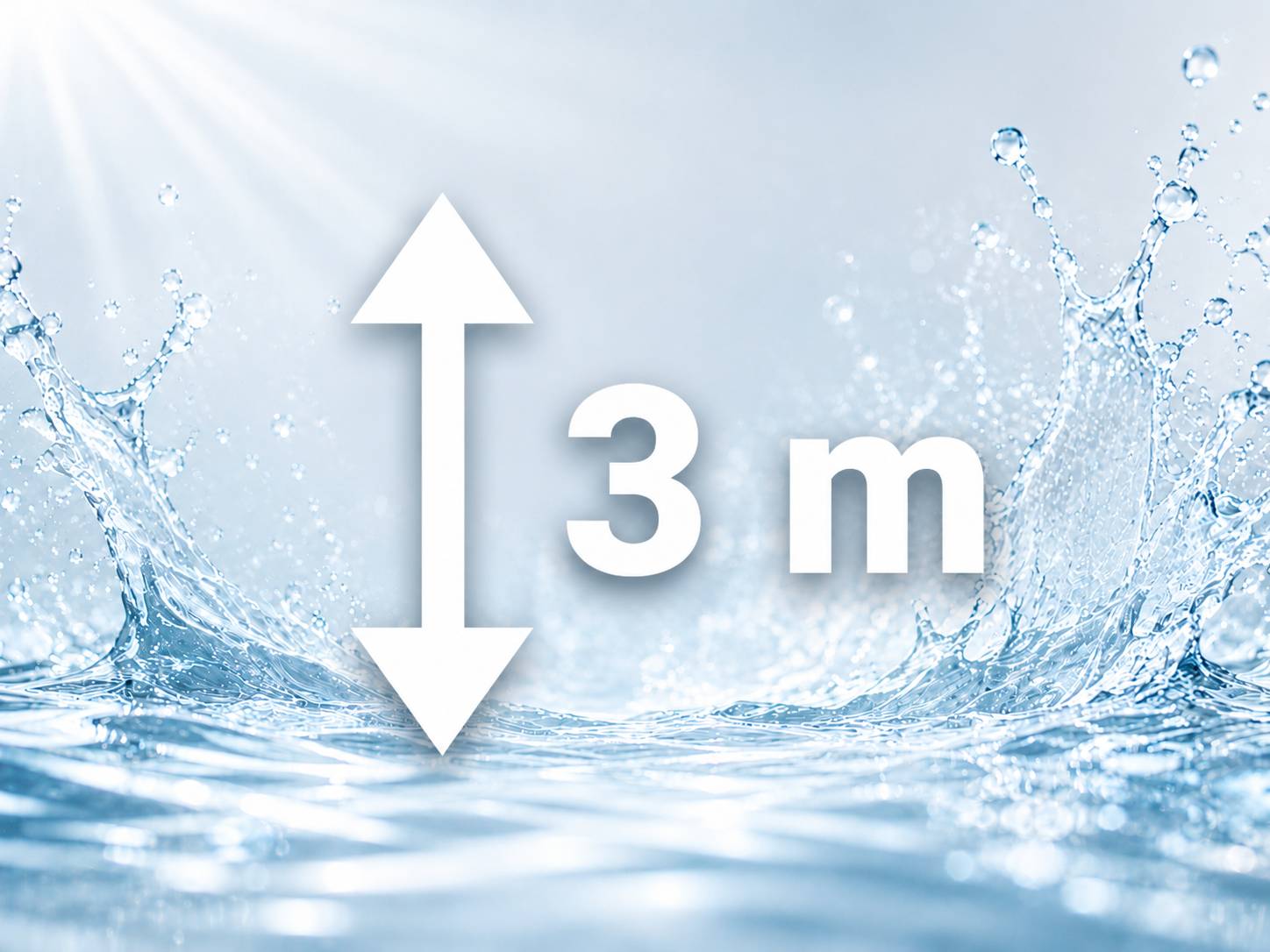 Wassersplash-Grafik mit einer Messung der Höhe/Tiefe von 3 m mit einem vertikalen Doppelpfeil