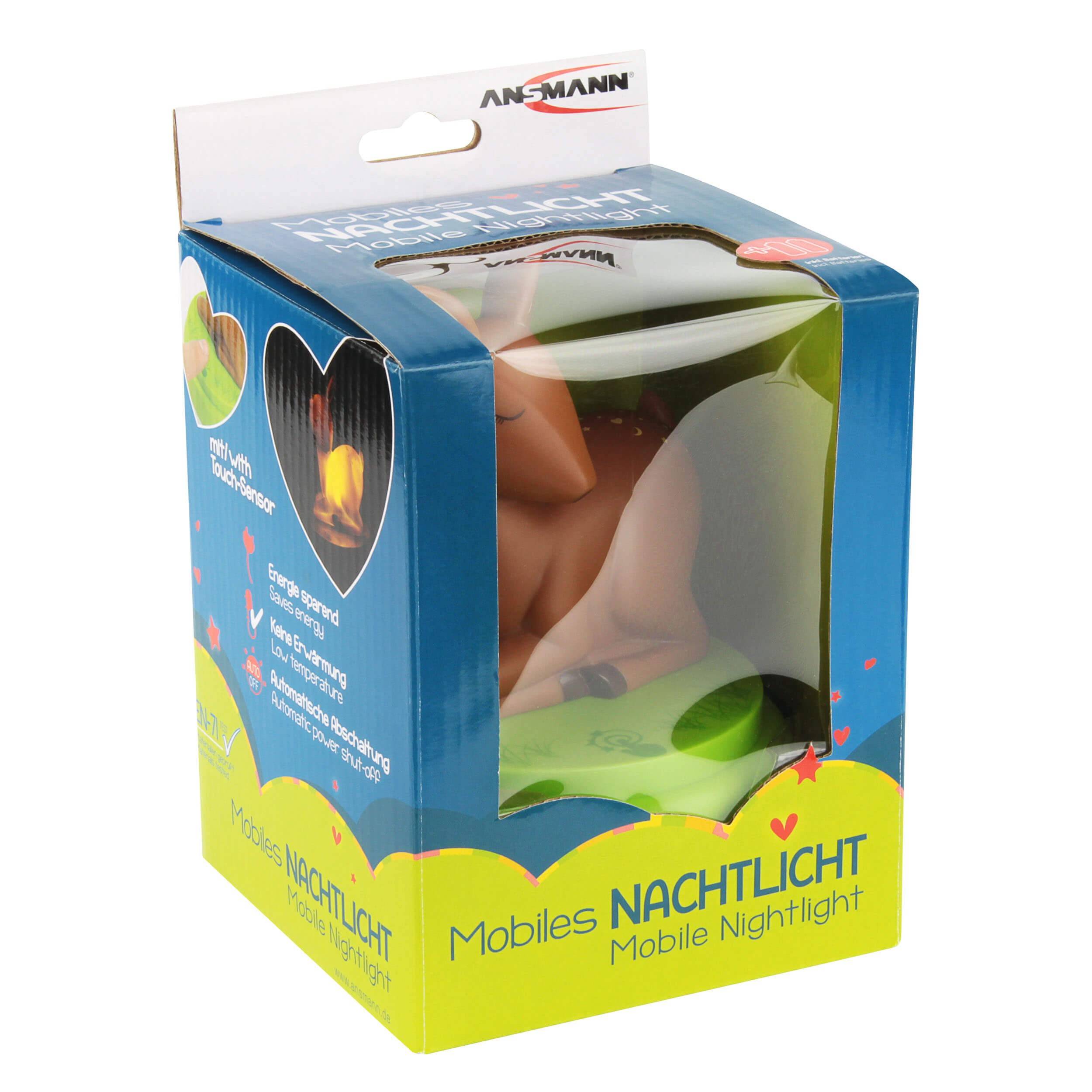 Verpackte ANSMANN 'Mobile Nightlight' in einer blau und gelben Schachtel mit transparentem Fenster, das ein kleines grün/oranges Nachtlicht zeigt.