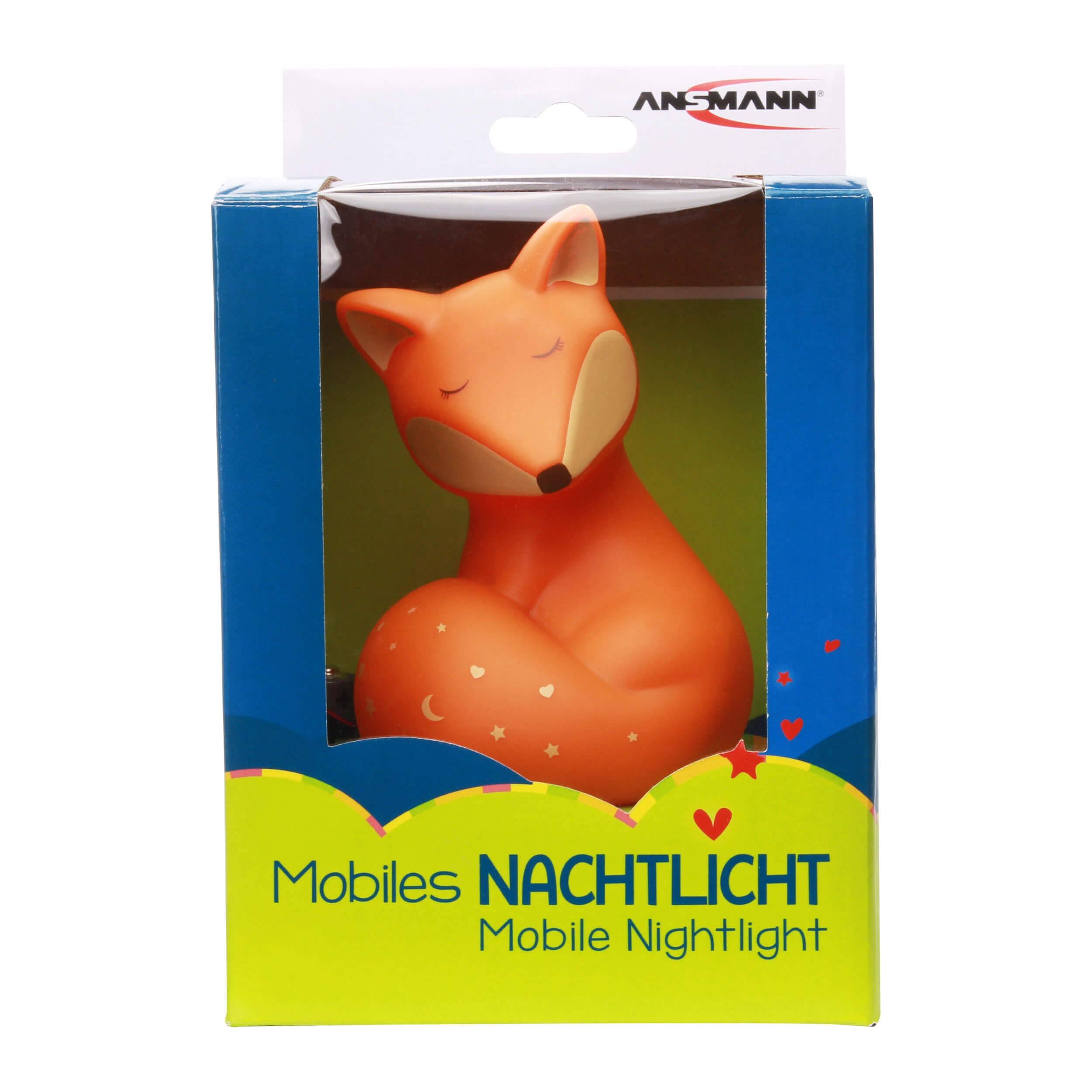 Verpacktes ANSMANN Mobil-Nachtlicht in Form eines schlafenden orangefarbenen Fuchses, gekennzeichnet mit 