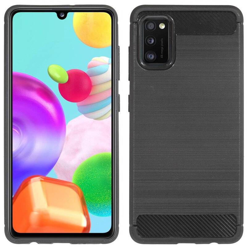 Silikonhülle Bumper Carbon für SAMSUNG GALAXY A41 A415F Case TPU Soft Handyhülle Cover Schutzhülle Schwarz