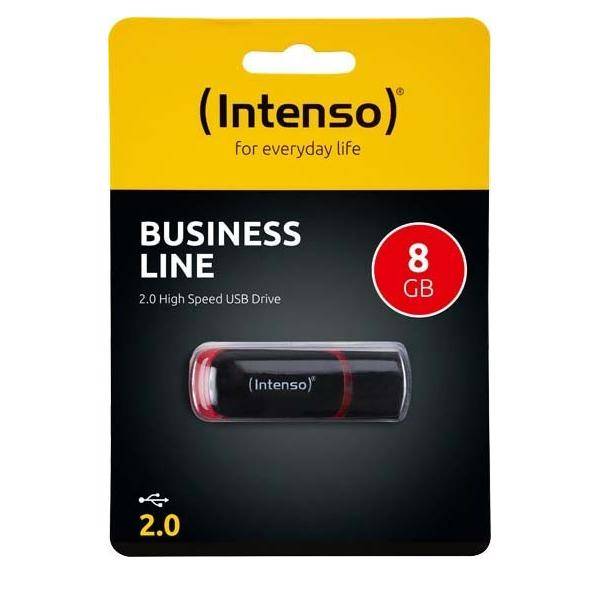 Intenso Business Line 8 GB USB 2.0 High Speed Laufwerk' in Verpackung. Schwarzer und roter USB-Stick, konzipiert für den täglichen Gebrauch.