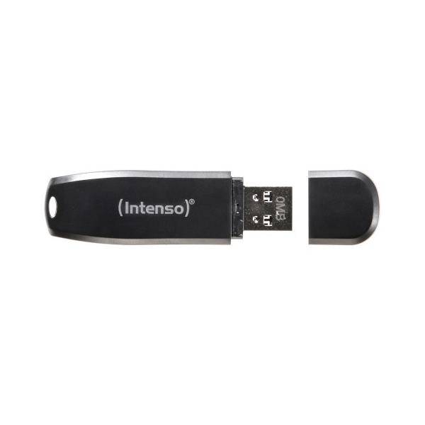 Ein schwarzer USB-Stick mit der Aufschrift 'Intenso' auf seinem Gehäuse, mit abnehmbarer Kappe.