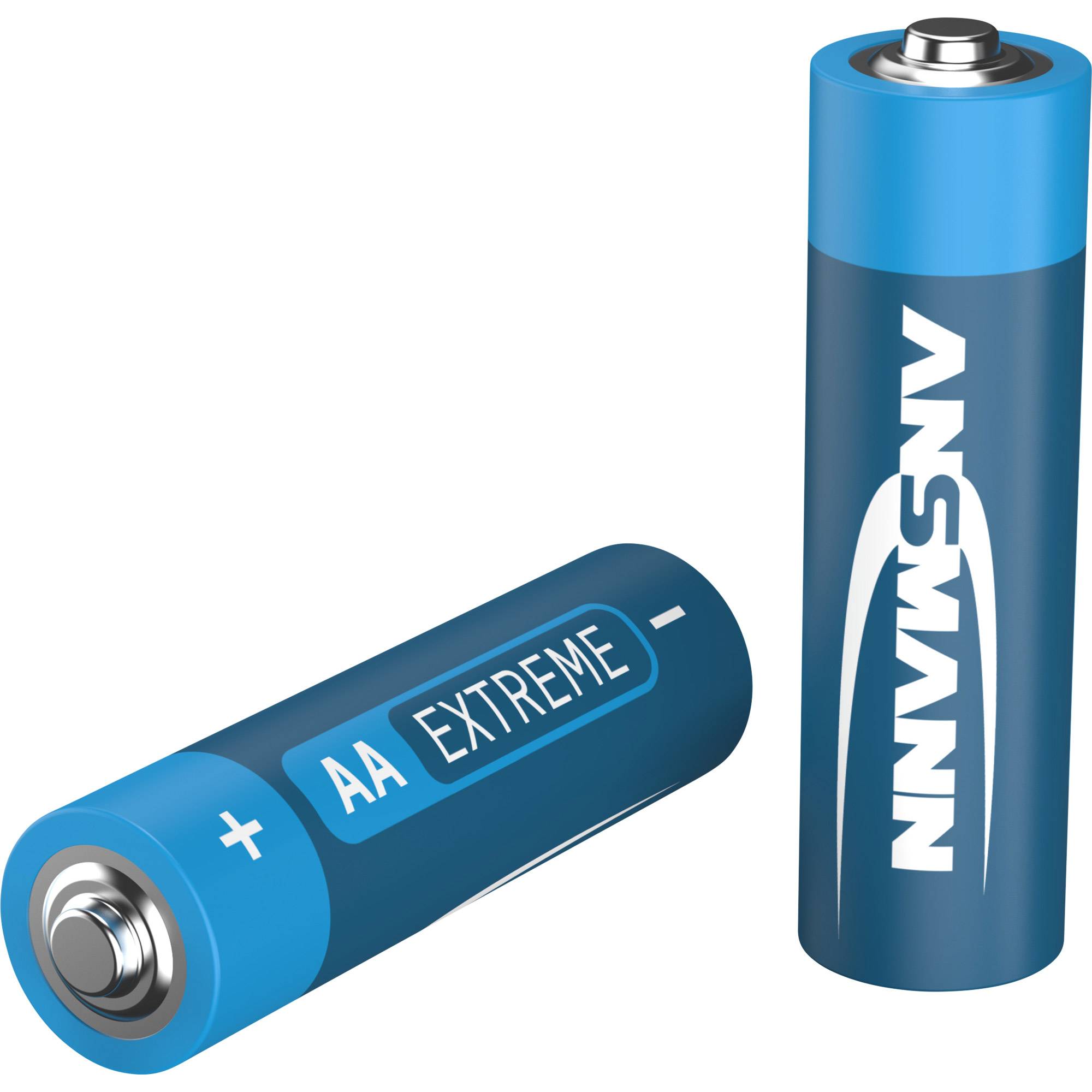 Zwei blaue AA-Batterien, eine aufrecht stehend und eine auf ihrer Seite liegend, beschriftet mit „AA EXTREME