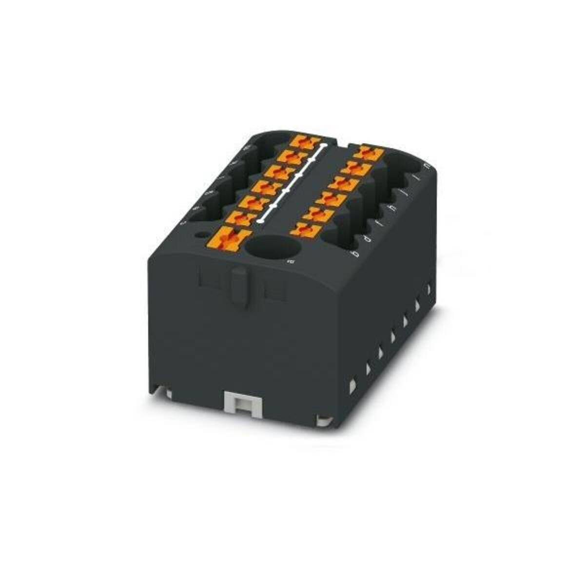 Schwarzer rechteckiger elektronischer Verbindungsblock mit Reihen von orangen Anschlussklemmen oben