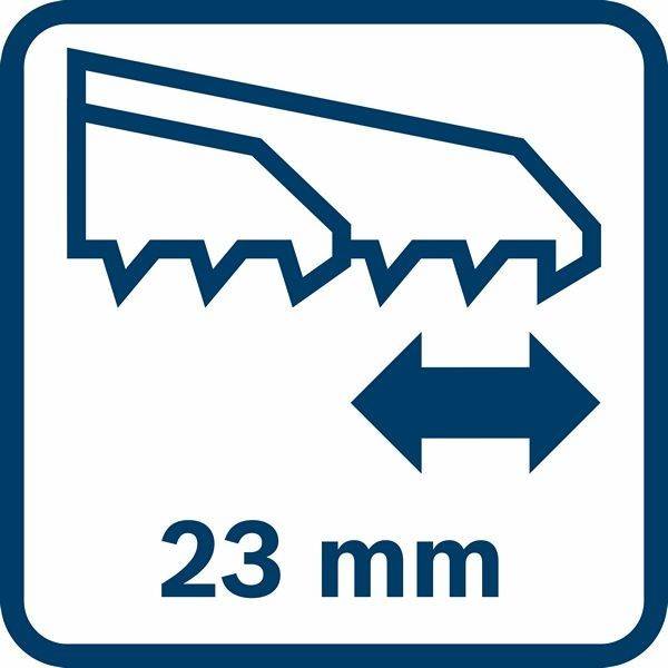 Sägeblatt-Symbol, das eine Schnitttiefe von 23 mm anzeigt.