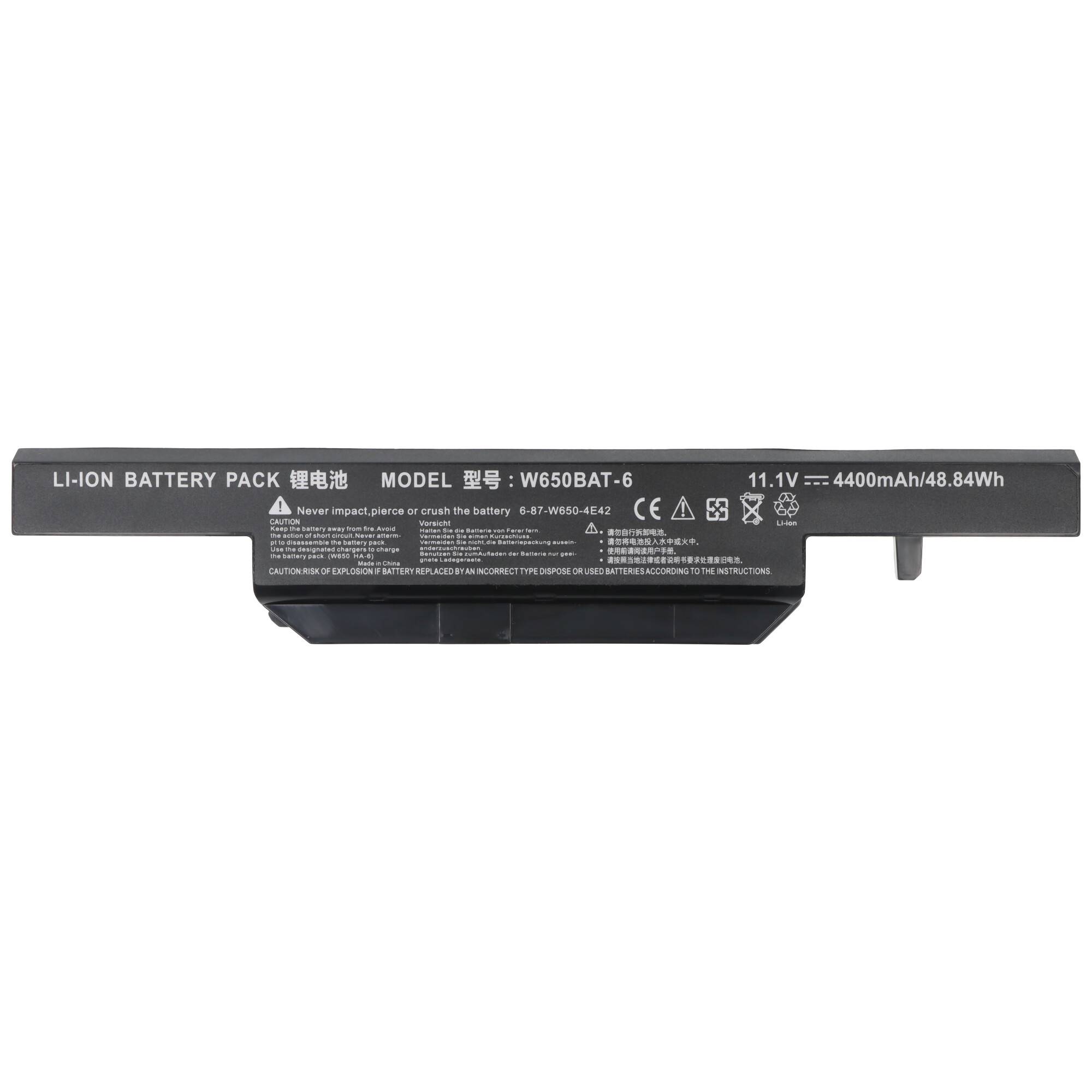 Schwarzer Laptop-Lithium-Ionen-Akku mit der Bezeichnung W650BAT-6, 11,1V 4400mAh/48,84Wh, auf weißem Hintergrund dargestellt.