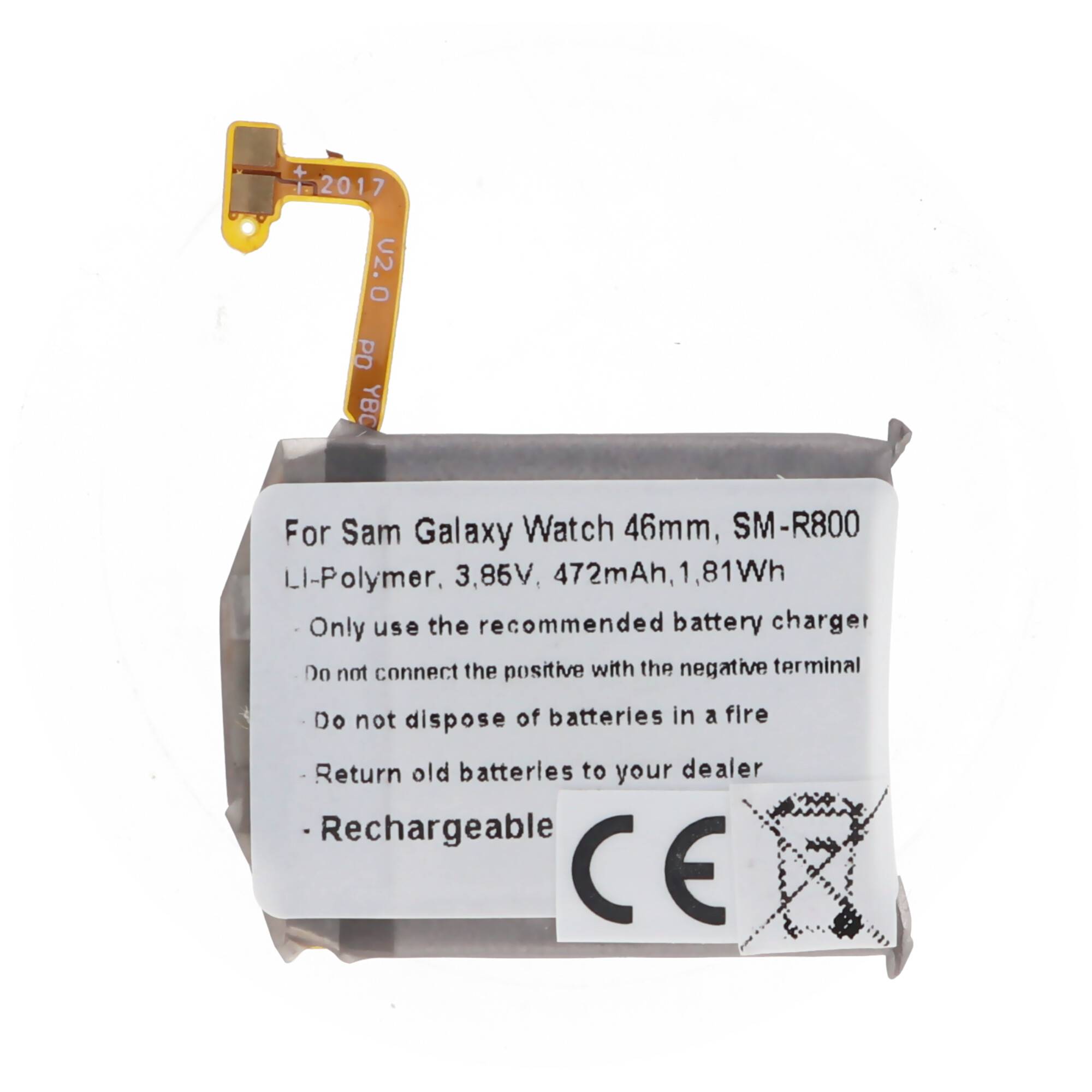 Akku passend für Samsung Galaxy Watch 46mm, SM-R800, Li-Polymer, 3,85V, 472mAh, 1,8Wh, built-in, ohne Werkzeug