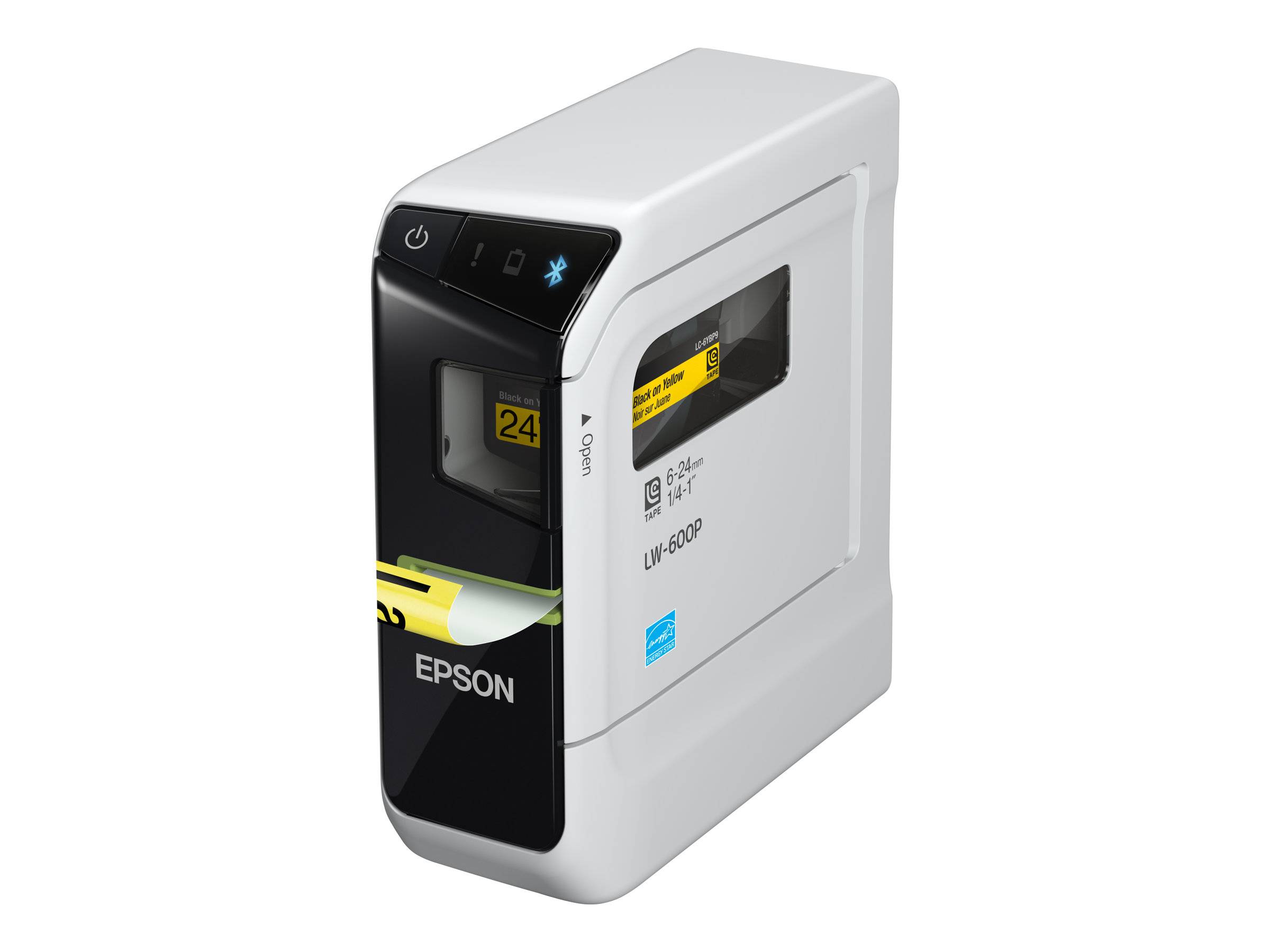 Epson-Etikettendrucker mit schwarzer Frontblende, Display und Bluetooth-Symbol, dargestellt in einer Dreiviertelsansicht des Produkts.