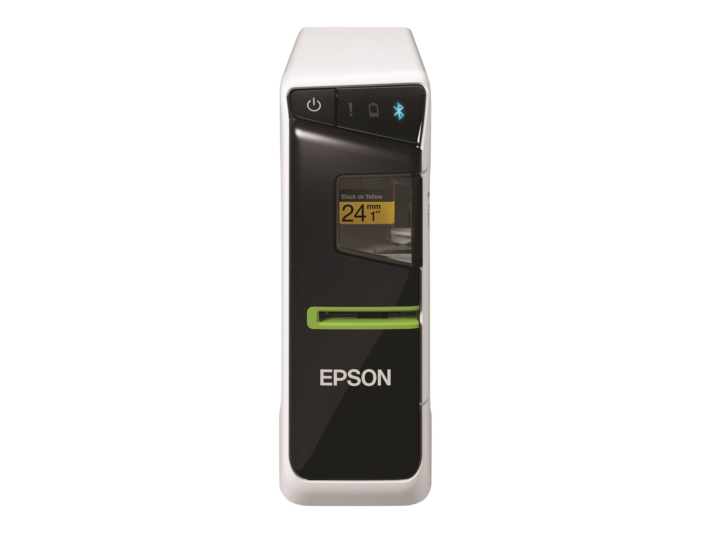 Tragbarer Epson-Etikettendrucker, Vorderansicht, mit Energie- und Bluetooth-Symbolen und einem kleinen Bildschirm, der eine Etikettenbreite von 24 mm anzeigt.