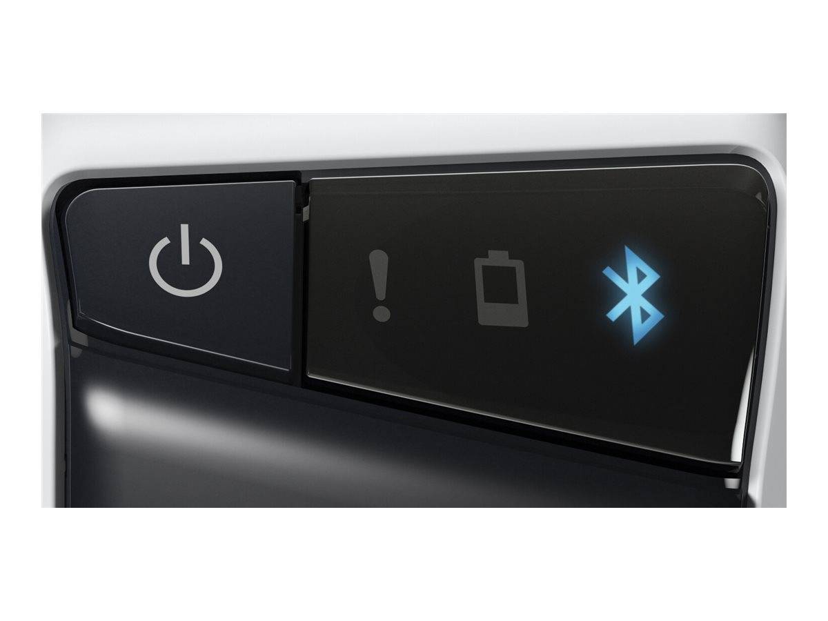 Nahaufnahme eines Gerätebedienfeldes mit einer Stromschaltfläche, Warn- und Batteriesymbolen sowie einem leuchtenden Bluetooth-Symbol.