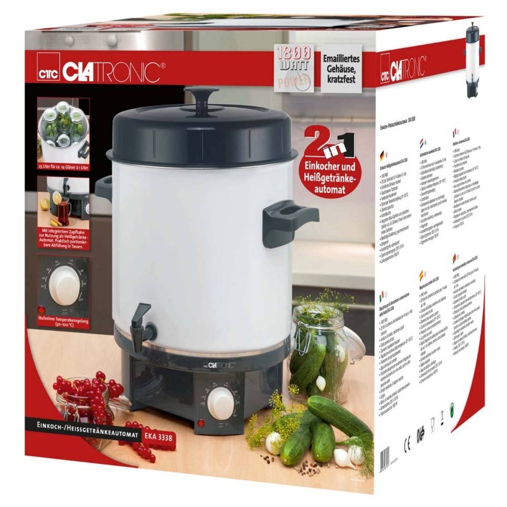 Der 'Clatronic Einkochautomat EKA 3338' automatisiert das Einkochen und die Zubereitung von heißen Getränken. Er verfügt über eine Leistung von 1800 W, einen einstellbaren Thermostat und einen tropfsicheren Zapfhahn.