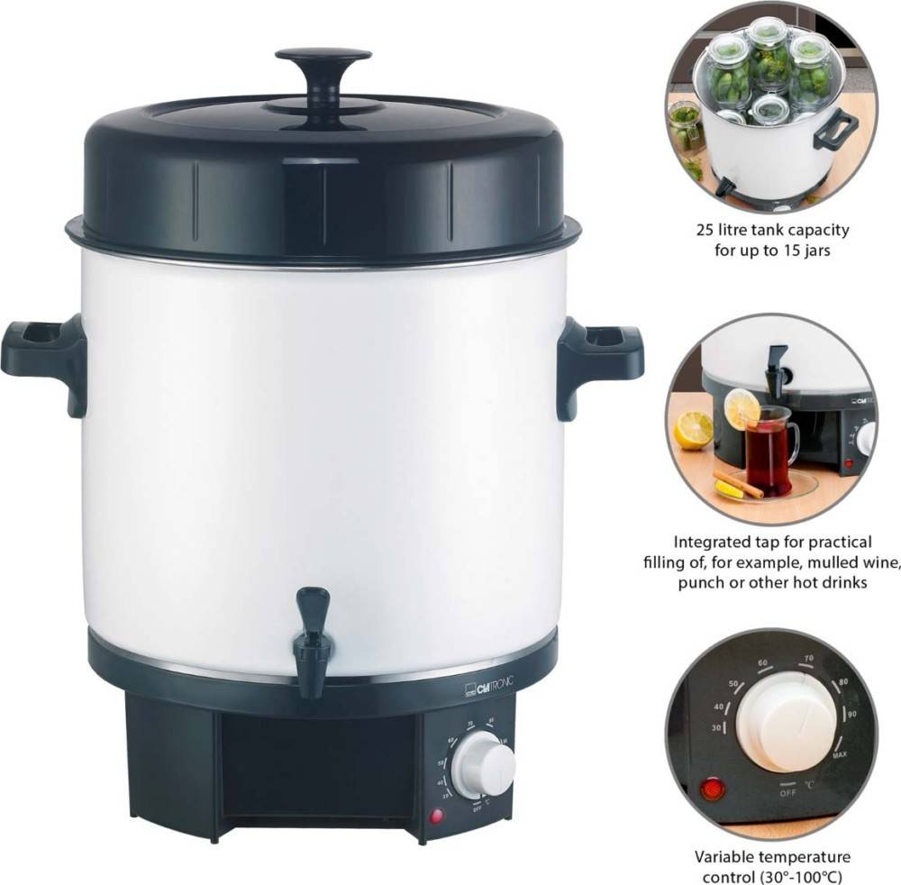 Große Einmachvorrichtung mit integriertem Zapfhahn und Temperatursteuerung. Fasst bis zu 15 Gläser, geeignet für Getränke oder Lebensmittelkonservierung.