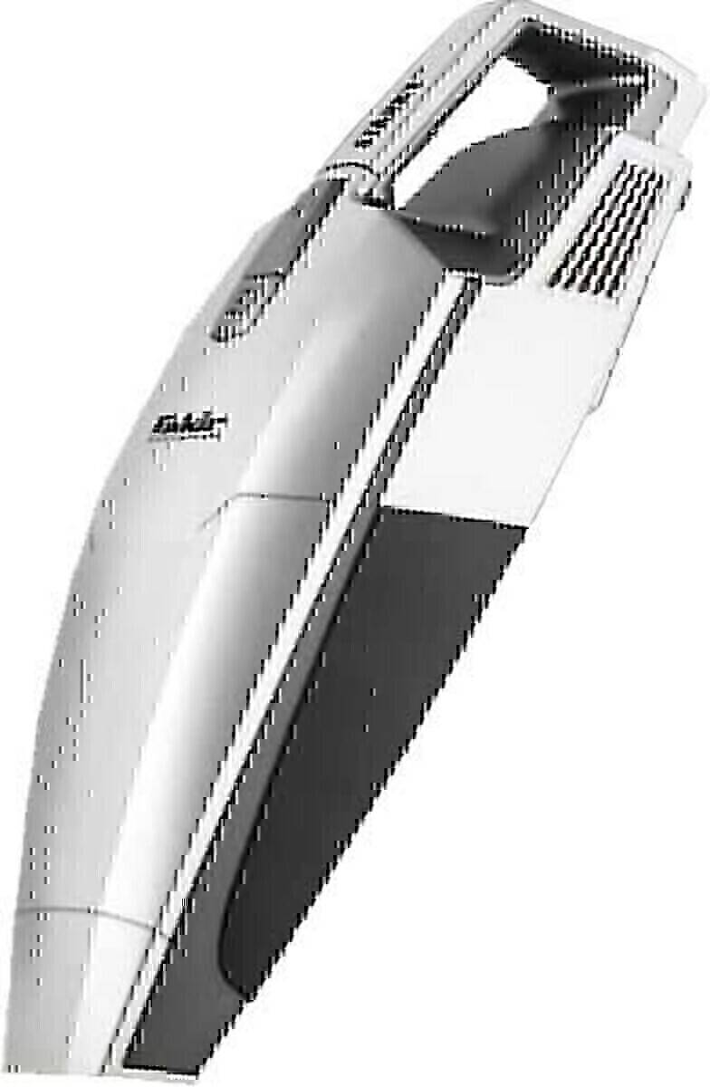 Eine Nahaufnahme eines silbernen Staubsaugers mit elegantem, modernem Design und prominentem Markenschriftzug auf seinem Gehäuse.