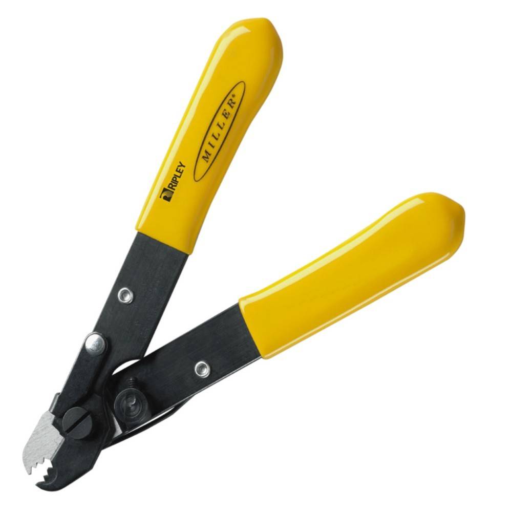 Drahtabisolierwerkzeug mit gelber Griff, ausgestattet mit Schneidklingen, verwendet zum Entfernen der Isolierung von elektrischen Leitungen.