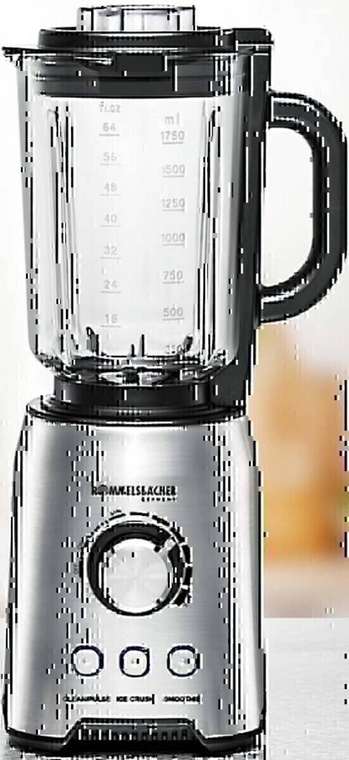 Edelstahl-Mixer mit transparentem Behälter und schwarzem Griff, shown on a countertop.