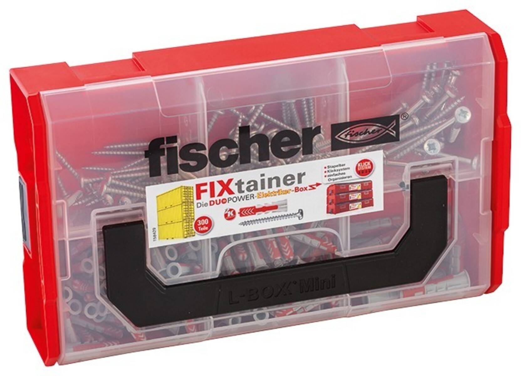 Rote Kunststoff Fischer FIXtainer Aufbewahrungsbox mit transparentem Deckel, gefüllt mit assortiertem Schrauben- und Dübelsortiment, beschriftet für DuoPower-Dübel.