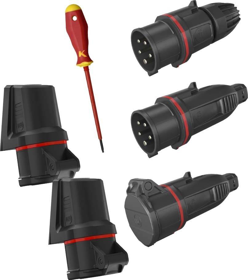 Elektrische Anschlüsse in verschiedenen Konfigurationen und ein Schraubendreher mit rotem Griff; Werkzeuge für elektrische Installationen und Reparaturen.