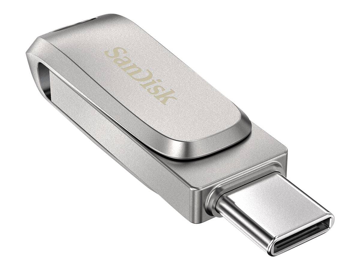 SanDisk USB-C-Speicherstift in Silber mit einer Schutzkappe, gezeigt auf weißem Hintergrund.