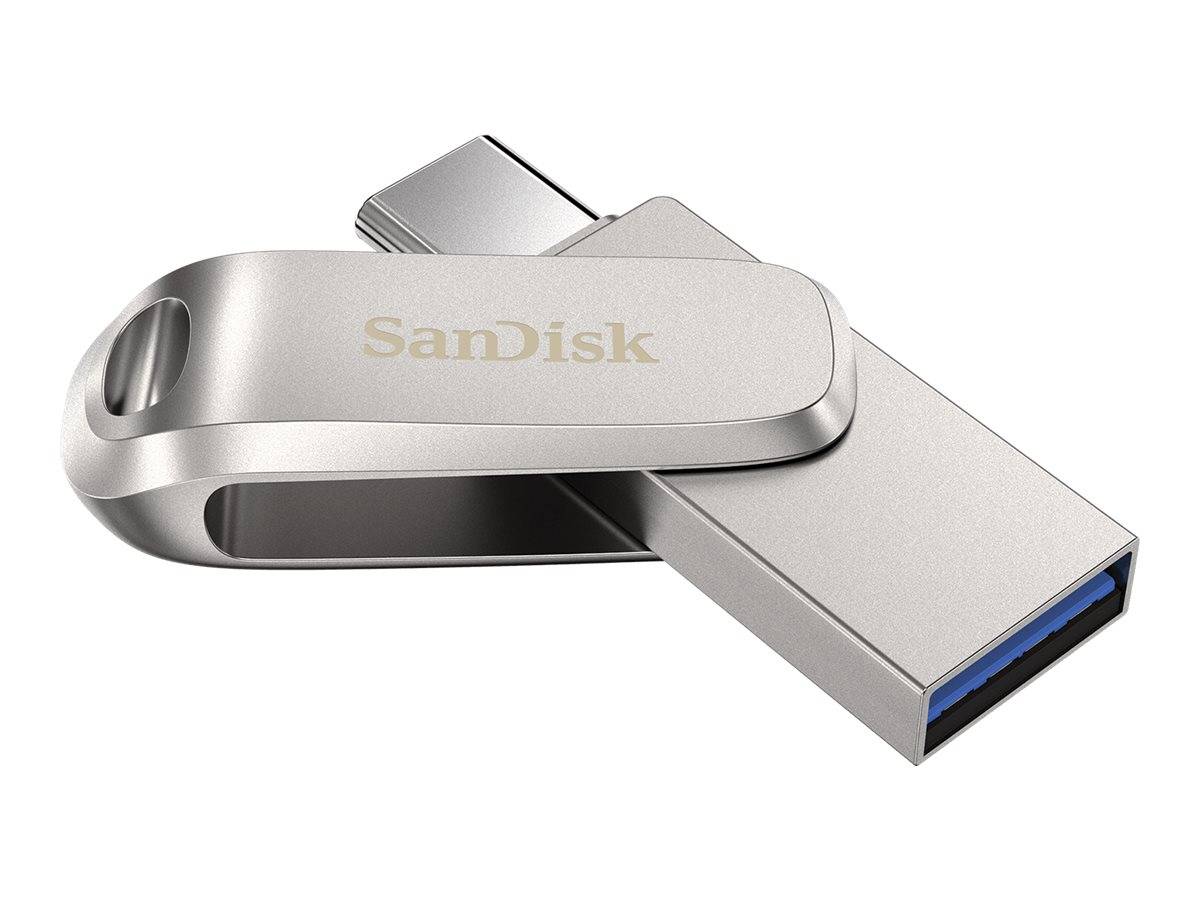 SanDisk USB-Speicherstift mit Doppelsteckern, gezeigt auf weißem Hintergrund.