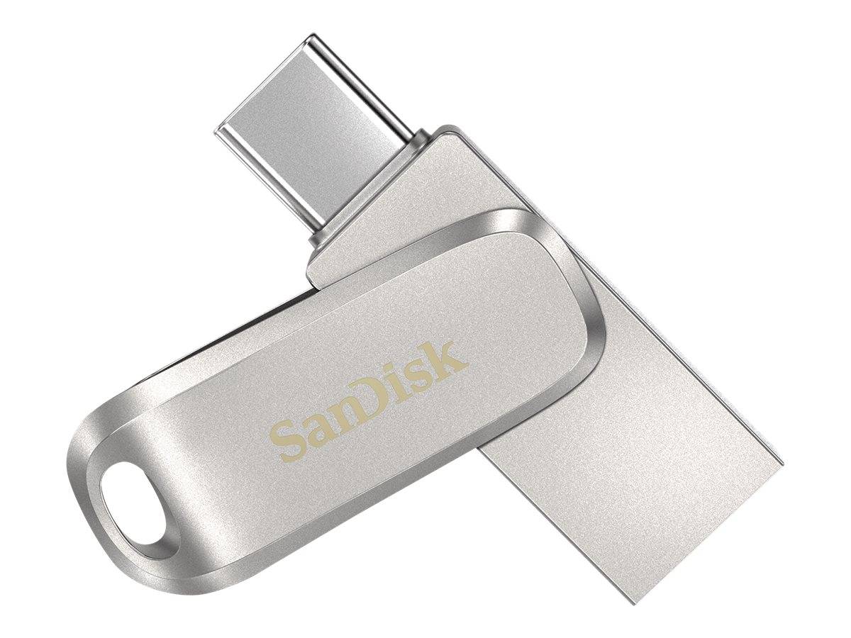 Silbernes SanDisk USB-Speicherlaufwerk mit USB-C-Anschluss, dargestellt auf weißem Hintergrund.