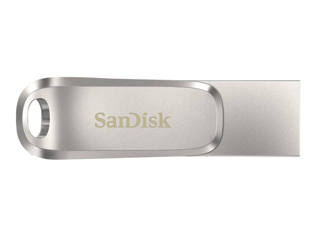 Nahaufnahme eines silbernen SanDisk USB-Speichersticks mit einer Schlaufe am Ende auf weißem Hintergrund.